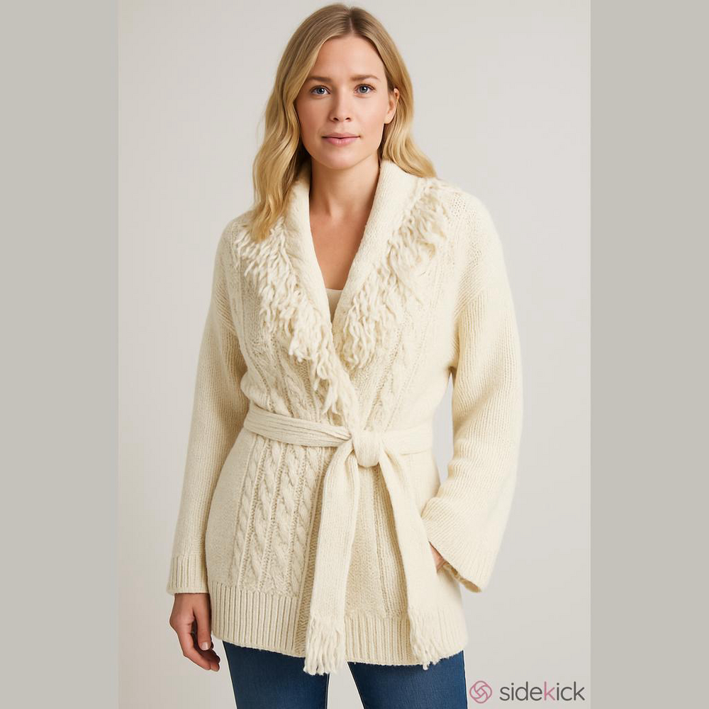 Davi & Dani Cream Fringe Belted Cardigan Womens Small Cable Knit Boho